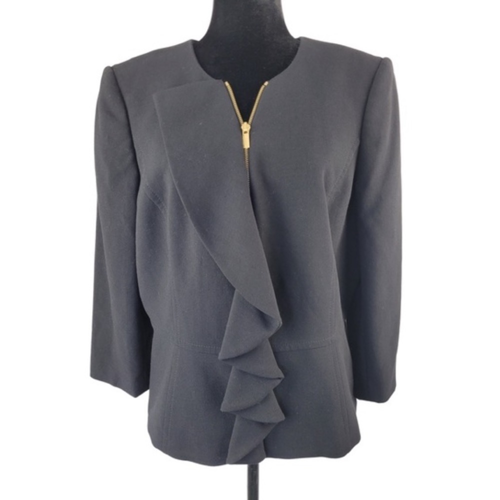 ✅ Tahari Arthur S. Levine Black Ruffled Full Zip Blazer Petite size 14